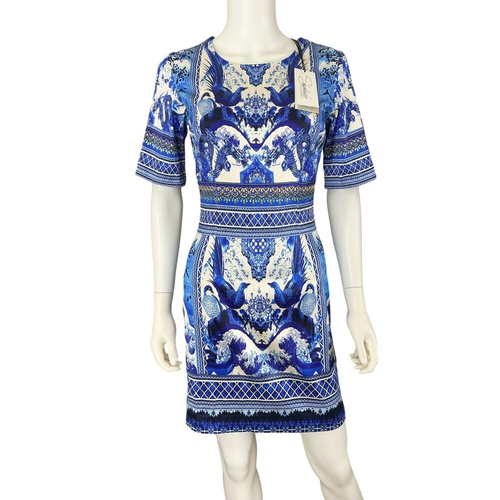 Shahida Parides China Azure Dress M/L Blue White Pheasant Viscose Silk $450 NWT